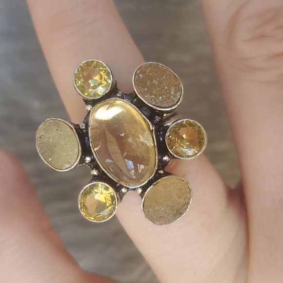 New Golden Rutile, Citrine and Druzy 925 Silver Ring. - Picture 4 of 16